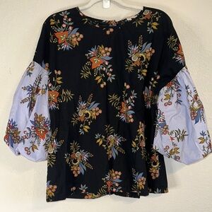 LOFT Black‎ and Orange Boxy Blouse with 3/4 Sleeves